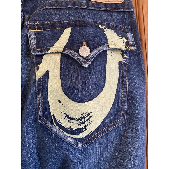 True Religion Men Denim Jeans 36 Bootcut/Flare Twisted Seams Green/Yellow Paint - Picture 3 of 13